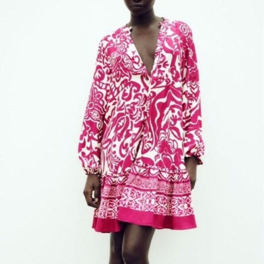 Zara Magenta Pink and Cream Printed Oversized Mini Dress Size M